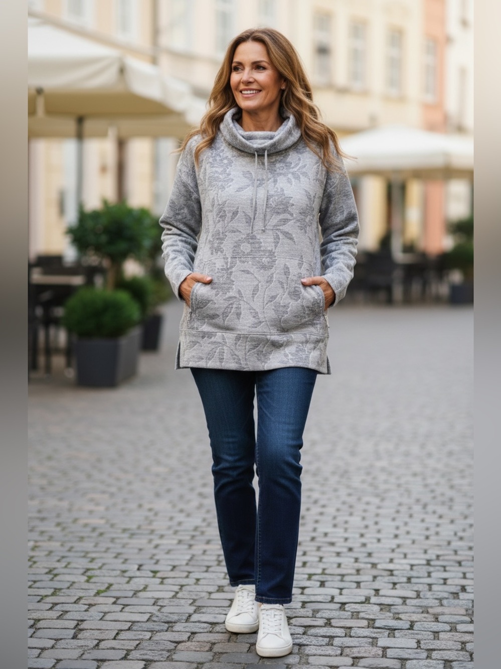 Talbots Womens Large Gray Floral Cowl Neck Pullover Sweatshirt Zipper Pocket